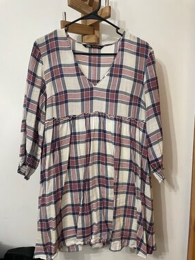 Zara Cream, Navy & Red Plaid V-Neck Babydoll Tunic